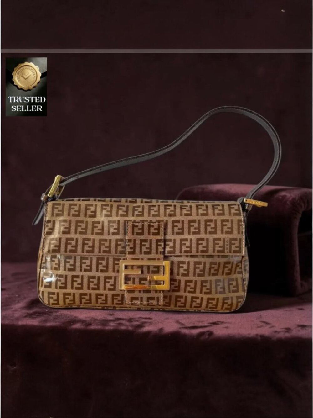 Fendi Zucchino FF Baguette Bag - Convertible 2-Way Strap Brown Luxury